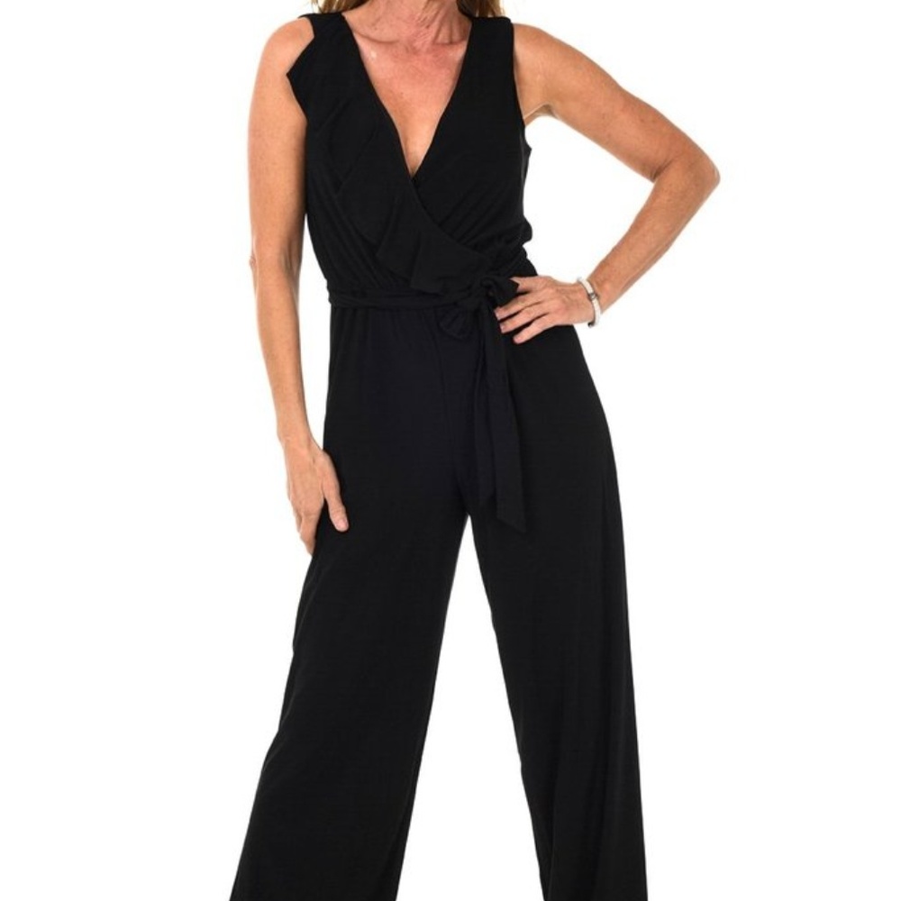 Black Jumpsuit with Cross front styling and ruffle